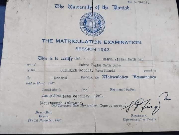Historical pre-1947 Punjab University Matriculation Certificate from SD High School Rawalpindi