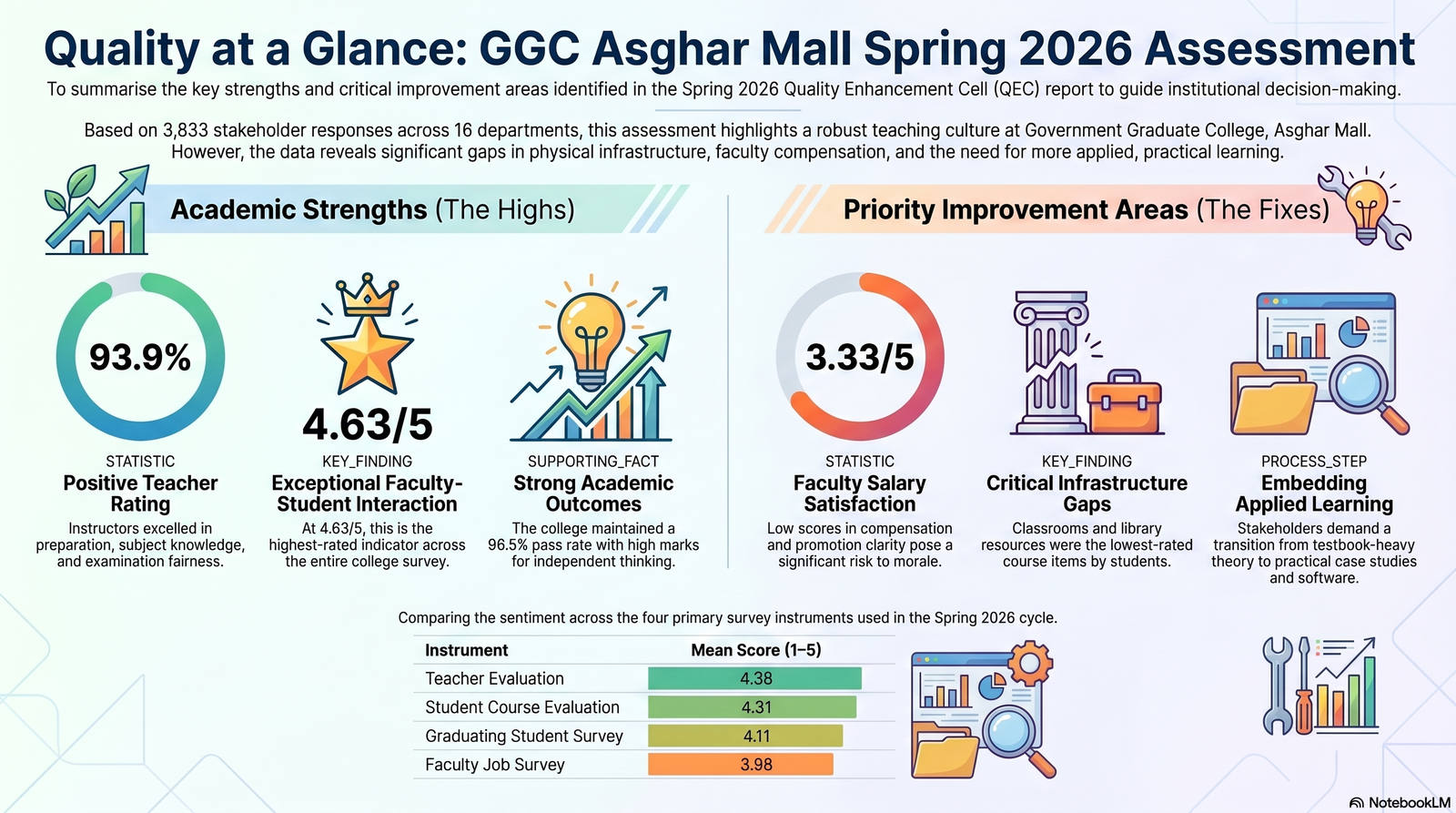 Quality at a Glance: GGC Asghar Mall Spring 2026 Assessment — 93.9% positive teacher rating, 4.63/5 faculty-student interaction, 96.5% pass rate; priority improvement areas: 3.33/5 faculty salary satisfaction, infrastructure gaps, applied learning